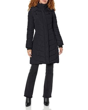 Kenneth Cole Quilted Puffer Jacket With Faux Fur Trimmed Hood - Blue
