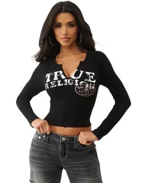 TRUE RELIGION Notched Long Sleeve Tee - Crew - Black