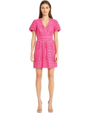 Donna Morgan Dresses V-neck Lace Dress With Short Puff Sleeves | Wedding Guest Dresses For - Pink