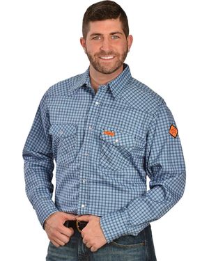 Wrangler Riggs Workwear Mens Fr Flame Resistant Western Long Sleeve Two Pocket Snap Work Utility Button Down Shirt - Blue
