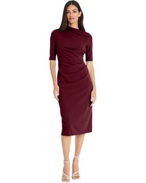 Maggy London Dresses Side Pleat Dress With Asymmetric Neck And Elbow Sleeves - Red