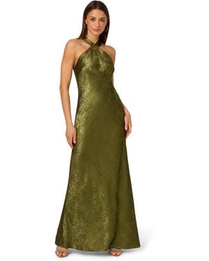 Adrianna Papell Foiled Woven Halter Gown - Green