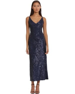 Donna Morgan Dresses Sequin V-neck Spaghetti Strap Midi Dress With High Slit - Blue