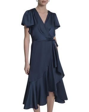 DKNY Cap Sleeve Surplice Neck Side Tie Faux Wrap Midi Dress - Blue