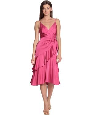 Maggy London Spaghetti Strap Fit And Flare Faux Wrap With Cascade And Ruffle Event Party Date Guest Of - Pink