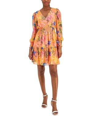 Anne Klein V Neck Flounce Hem Dress W/smocked Sleeve - Orange