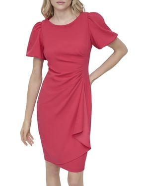 DKNY Short Sleeve Boat Neck Side Ruched Dress - Red