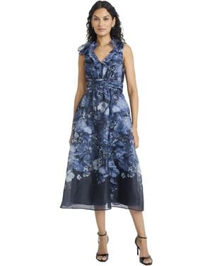 Maggy London Sleeveless Midi V-neckline Ruffle Details And Layered Tiered Skirt-cocktail Dresses For - Blue