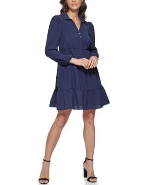 Kensie Long Sleeve Button Front Collared Mini Dress - Blue