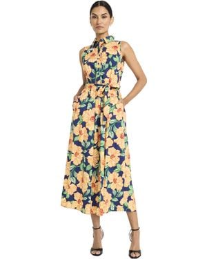 Maggy London Button Front Sleeveless Midi Length Belted Pockets-collared Neck-summer Wedding Guest Dress - Metallic