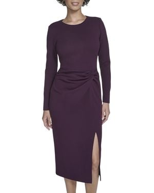 Calvin Klein Long Sleeve Round Neck Scuba Crepe Side Ruffle Midi Dress - Purple