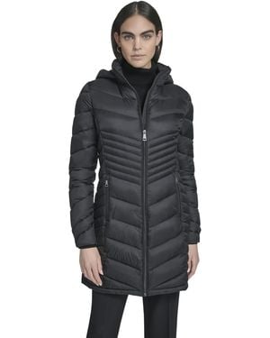 Calvin Klein Hooded Chevron Quilt Puffer Coat – Slimming Longline Winter - Black