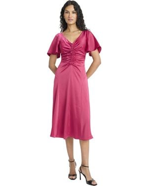 Maggy London V-neck Flutter Sleeve Midi Ruched Front A-line Silhouette Heavy Charmeuse Cocktail Dresses - Pink