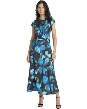 Maggy London S Ankle Length Floral Cap Sleeves Round Neckline Tie Belt Keyhole Back A Line Dresses - Blue