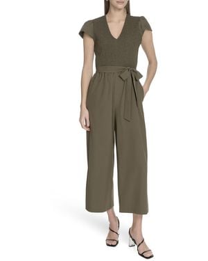 Calvin Klein Casual Stretch Self Tie Belt V Neck Jumpsuit - Green