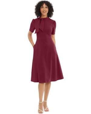 Maggy London Crepe Fabric Flight Attendant Bow Neck Tie Short Sleeve A-line - Red