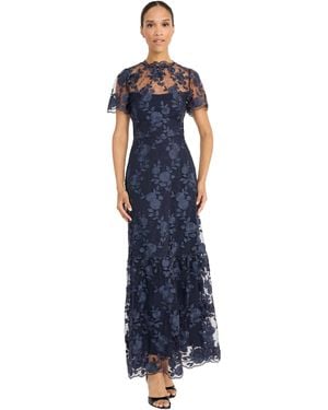 Maggy London S Lace Maxi Embroidered Details Trumpet Silhouette V-back-wedding Guest Dresses - Blue