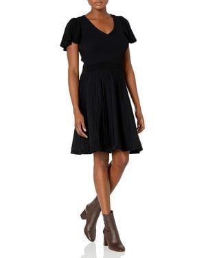 Eliza J Flutter Sleeve V-neck Fit And Flare Knit Dress - Black