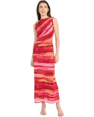 Donna Morgan Asymmetrical Neckline Ruched Fitted Maxi-sleeveless Ruffle Evening Formal Wedding Guest Dress - Red