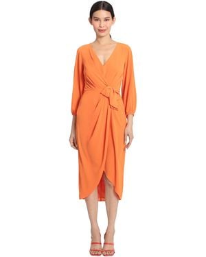 Maggy London Long Sleeve V-neck Faux Wrap Crepe Dress Event Party Occasion Guest Of - Orange
