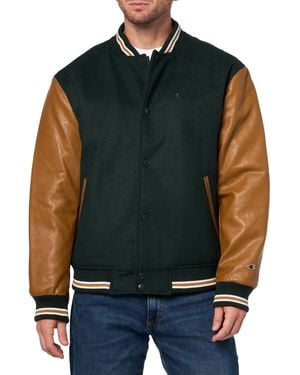 Champion Letterman Varsity Bomber Jacket With Faux Leather Sleeves - Green