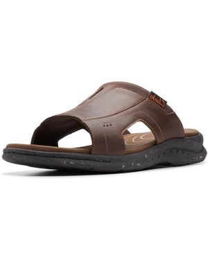 thumbnail interactive-video image 1 of Clarks Men's Walkford Band Slide Sandal – Leather Upper, Cushioned Footbed, Slip-Resistant Rubber Sole 1 of 9