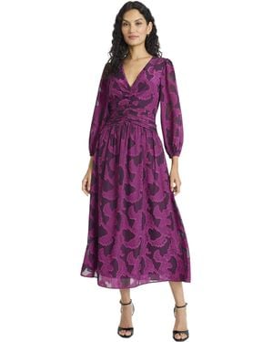 Maggy London V Neck Wrap Midi 3/4 Sleeves-elegant Wedding Guest Dresses - Purple