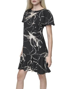 DKNY Flowy Short Sleeve Ruffle Hem Dress - Black