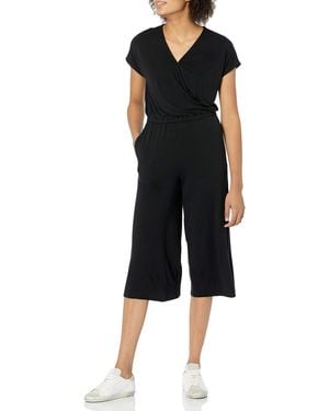 Amazon Essentials Short-sleeve Surplice Cropped Wide-leg Jumpsuit With Elastic Waist - Black