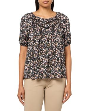 Lucky Brand Printed Ruched Lace Trim Top - Black