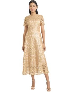 Maggy London Baroque Lace Midi Cocktail Dress-a-line Silhouette With Keyhole Back-formal Evening Wedding Guest Attire - Natural