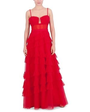 BCBGMAXAZRIA Sleeveless Teardrop Neck A Line Gown With Ruffle - Red