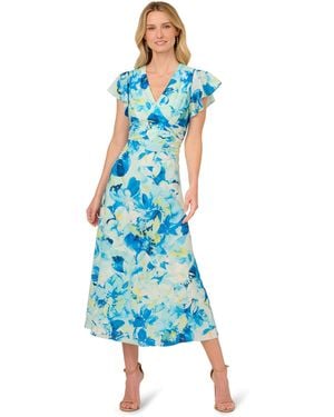 Adrianna Papell Printed Flutter Ankle Dress - Blue