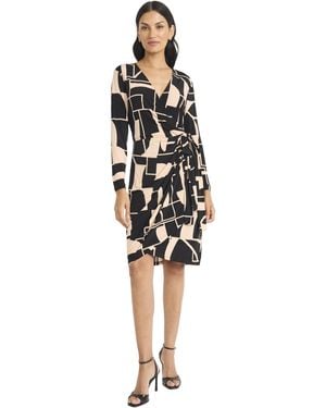 Maggy London Long Sleeve V-neck Wrap Self-tie Belt-knee Length Cocktail Dress - Black