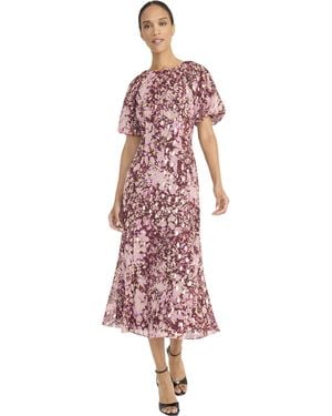 Maggy London Midi A-line Chiffon Puff Sleeves-floral Wedding Guest Dresses - Pink
