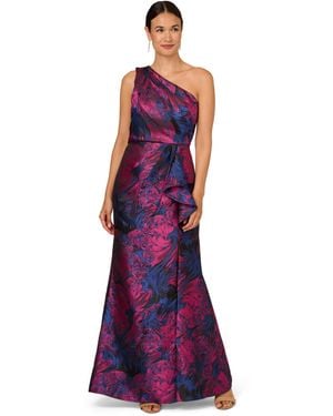 Adrianna Papell One Shoulder Printed Jacquard Cascade Long Gown - Purple