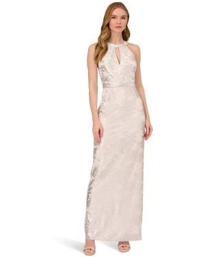 Adrianna Papell Long Sleeveless Foiled Halter Gown (Ivory/) Dress - Metallic