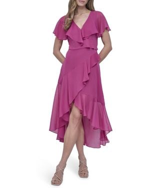DKNY Short Flutter Sleeve V-neck High Low Hem Ruffle Dress - Purple