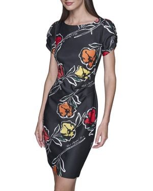 Karl Lagerfeld Paris Short Ruched Sleeve Jewel Neck Sheath Mini Dress - Blue