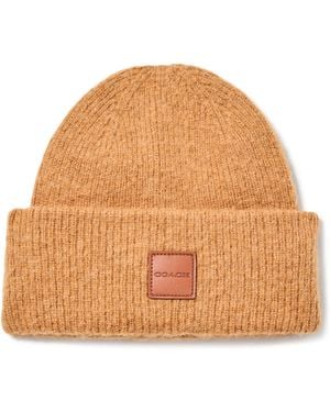 COACH Leather Patch Beanie - Brown