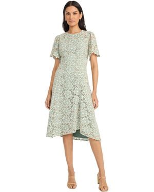 Maggy London Blooming Trellis Lace High Low Midi Scalloped Short Sleeve A Line Wedding Guest Cocktail Dress - White