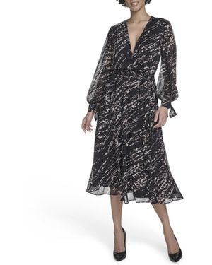 Calvin Klein Long Sleeve V-neck Chiffon Self Tie Midi Dress - Black