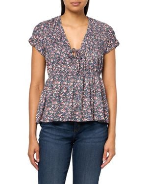 Lucky Brand Printed Smocked Peplum Tee - Blue