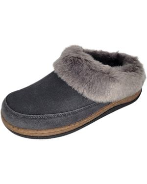 Clarks Ladies Suede Slippers Faux Fur Collar Lined With Cork Midsole Open Back Indoor Outdoor - Grey