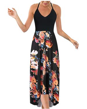 Superdry Lalaluka Summer Dress Beach Dress Long Sexy Splicing Spaghetti Print Strappy Dress Flower Dress Beach Dress Maxi Dress - Black