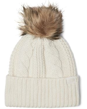 The North Face Oh Mega Fur Pom Beanie Deep Fit Cuffed Winter Hat With Oversized Faux-fur Pom & Textured Cable Detailing - White