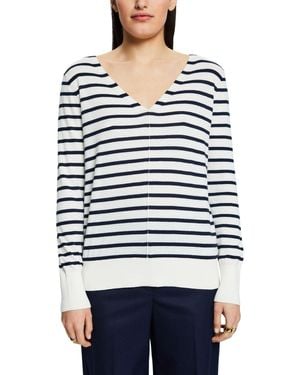Esprit Gestreifter Baumwollpullover mit V-Ausschnitt - Blau