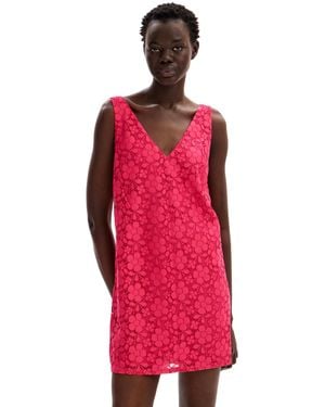 Desigual Floral Lace Mini Dress Red - Pink