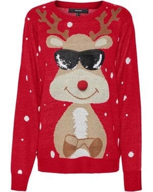 Vero Moda Vmnewtinsel LS O-Neck Pullover Xmas Maglione Lavorato a Maglia - Rosso