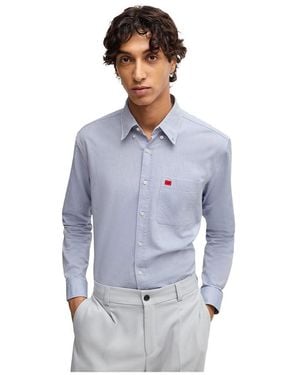 HUGO S Evito Oxford-cotton Slim-fit Shirt With Red Logo Label - Blue